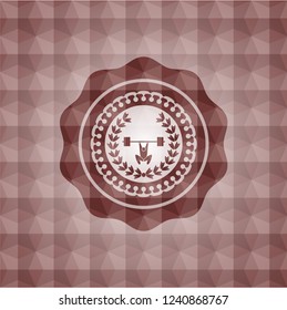 weightlifting inside of crown icon inside red seamless badge with geometric background.