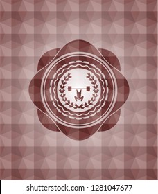weightlifting inside of crown icon inside red seamless emblem or badge with abstract geometric polygonal pattern background.