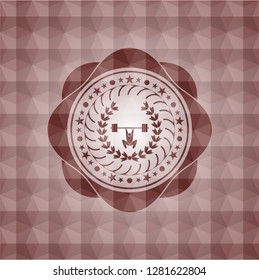 weightlifting inside of crown icon inside red seamless emblem or badge with abstract geometric polygonal pattern background.