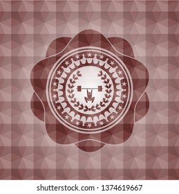 weightlifting inside of crown icon inside red badge with geometric background. Seamless.