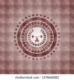 weightlifting inside of crown icon inside red seamless geometric pattern emblem. Seamless.