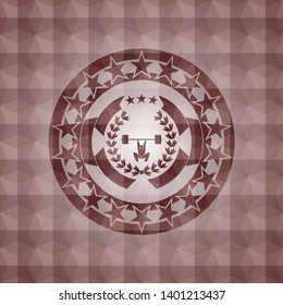 weightlifting inside of crown icon inside red seamless emblem or badge with abstract geometric pattern background.