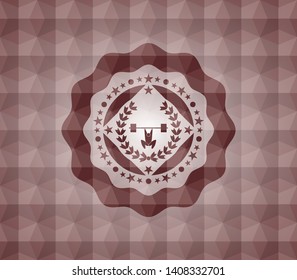 weightlifting inside of crown icon inside red seamless emblem or badge with abstract geometric pattern background.