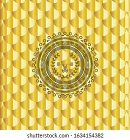 weightlifting inside of crown icon inside shiny golden emblem. Scales pattern. Vector Illustration. Detailed.