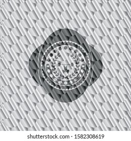 weightlifting inside of crown icon inside silver color emblem. Scales pattern. Vector Illustration. Detailed.