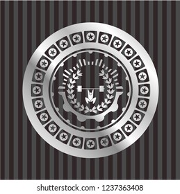 weightlifting inside of crown icon inside silvery badge or emblem