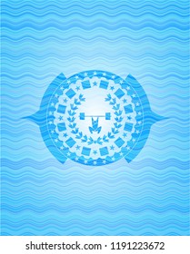 weightlifting inside of crown icon inside sky blue water badge background.