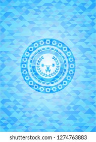 weightlifting inside of crown icon inside sky blue emblem. Mosaic background