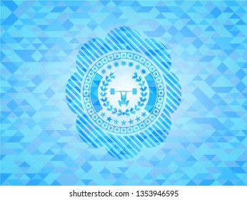 weightlifting inside of crown icon inside sky blue emblem with mosaic background