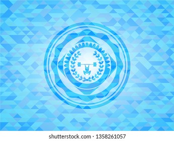 weightlifting inside of crown icon inside sky blue emblem. Mosaic background