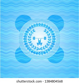 weightlifting inside of crown icon inside sky blue water style emblem.