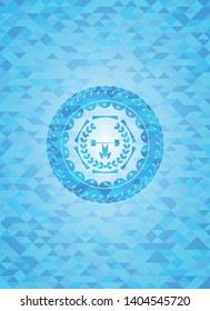 weightlifting inside of crown icon inside sky blue emblem with triangle mosaic background