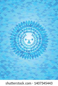 weightlifting inside of crown icon inside sky blue emblem with mosaic ecological style background