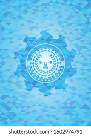 weightlifting inside of crown icon inside sky blue emblem with mosaic background