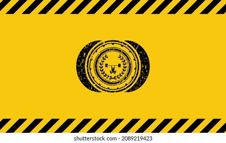 weightlifting inside of crown icon inside warning sign, black grunge emblem. Vector Illustration. Detailed. 