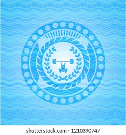 weightlifting inside of crown icon inside water wave concept badge.