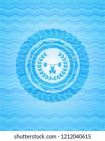 weightlifting inside of crown icon inside water concept style badge.