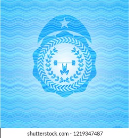 weightlifting inside of crown icon inside water wave representation style emblem.