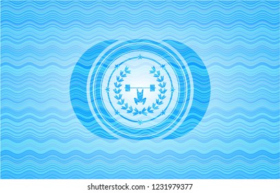 weightlifting inside of crown icon inside water wave representation badge background.