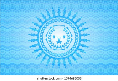 weightlifting inside of crown icon inside water wave style badge.