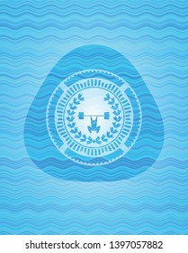 weightlifting inside of crown icon inside water wave representation emblem.