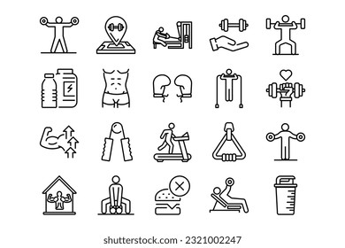 Weightlifting lines icon set. Weightlifting genres and attributes. Linear design. Lines with editable stroke. Isolated vector icons.