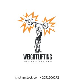Weightlifting logo. Weightlifter raises a barbell.