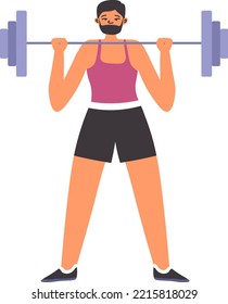 Weightlifting man with barbell in gym, isolated male character doing exercises and working out. Sportive guy strengthening body and growing muscles bodybuilder training. Vector in flat style