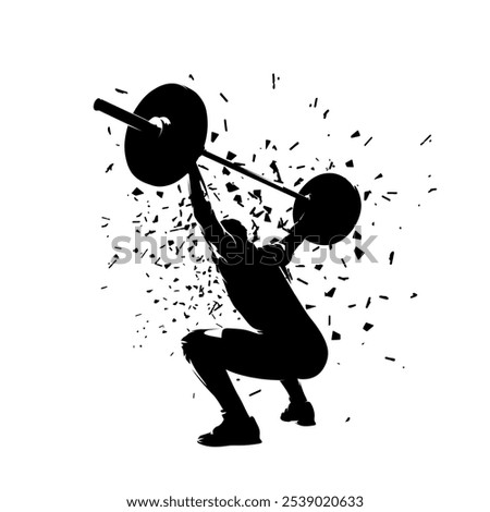 Weightlifting, man in gym, squat workout. Isolated vector silhouette