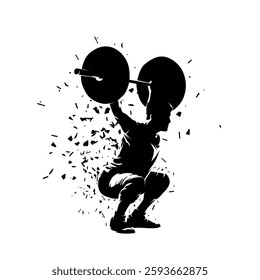 Weightlifting, man in gym, workout. Isolated vector silhouette with distortion effect; high contrast illustration