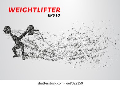 Weightlifting of particles. Athlete raises the bar in the snatch svg