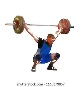 Weightlifting. Polygonal vector weight lifter with big barbell, isolated geometric illustration. Strong man