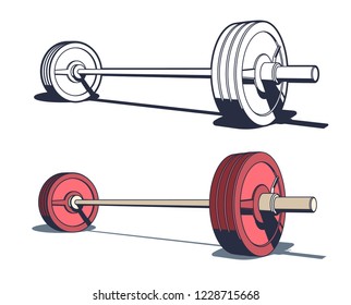 Weightlifting, powerlifting or bodybuilding barbell. Pseudo 3d vector illustration in retro stamp style.