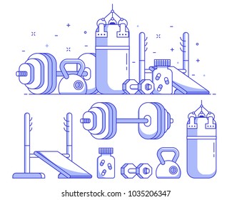 Weightlifting and powerlifting icon set with weight and strength training equipment. Such as dumbbell, barbell, punching bag and kettlebell weight. Body building and gym concept banner in line art.