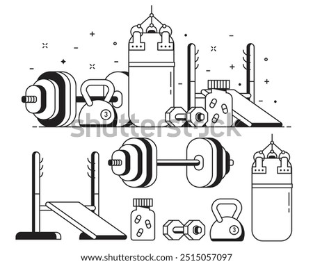 Weightlifting and powerlifting icon set with weight and strength training equipment. Such as dumbbell, barbell, punching bag and kettlebell weight. Body building and gym concept banner in line art.