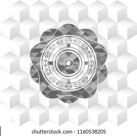weightlifting or powerlifting plate (45 lbs) icon inside realistic grey emblem with geometric cube white background