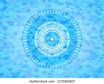 weightlifting or powerlifting plate (45 lbs) icon inside light blue emblem. Mosaic background