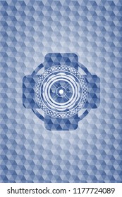 weightlifting or powerlifting plate (45 lbs) icon inside blue badge with geometric background.