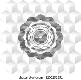 weightlifting or powerlifting plate (45 lbs) icon inside grey emblem. Retro with geometric cube white background