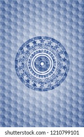 weightlifting or powerlifting plate (45 lbs) icon inside blue emblem with geometric pattern background.