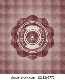 weightlifting or powerlifting plate (45 lbs) icon inside red emblem or badge with abstract geometric polygonal pattern background. Seamless.