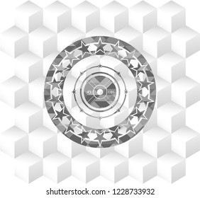 weightlifting or powerlifting plate (45 lbs) icon inside grey emblem with cube white background