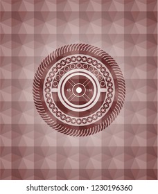 weightlifting or powerlifting plate (45 lbs) icon inside red emblem or badge with abstract geometric pattern background. Seamless.