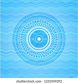 weightlifting or powerlifting plate (45 lbs) icon inside light blue water emblem background.