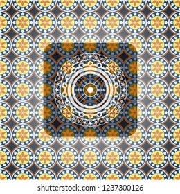 weightlifting or powerlifting plate (45 lbs) icon inside arabic emblem. Arabesque decoration.