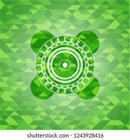 weightlifting or powerlifting plate (45 lbs) icon inside green emblem with mosaic background