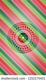 weightlifting or powerlifting plate (45 lbs) icon inside christmas colors emblem.