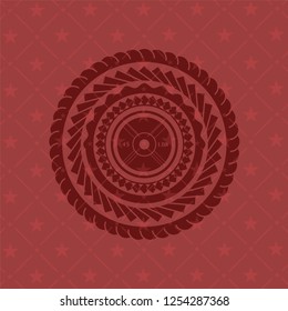 weightlifting or powerlifting plate (45 lbs) icon inside red emblem. Retro