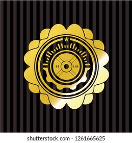 weightlifting or powerlifting plate (45 lbs) icon inside gold emblem or badge