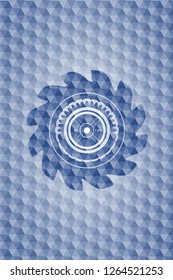 weightlifting or powerlifting plate (45 lbs) icon inside blue emblem with geometric background.